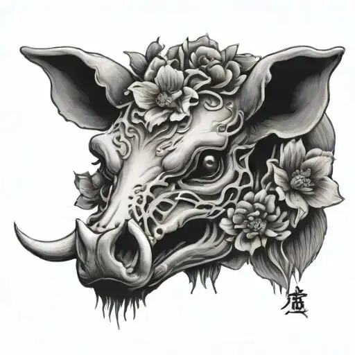 Japanese flowers boar skull tattoo design idea