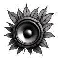 large speaker with marijana leaf behind tattoo design idea