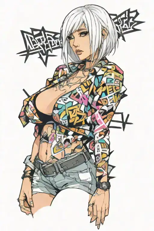 Sexy girl, Huge boobs, cleavage, petite, pure white eyes, torn clothing, short white bob hairstyle, waist up view  tattoo design idea