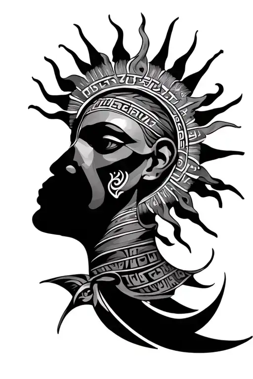 sunface tattoo with rays on neck and Assyrian text behidn ear tattoo design idea