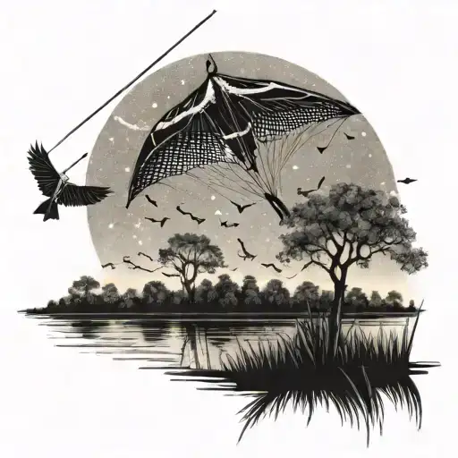A dotwork design of a kite flying over a Louisiana bayou scene tattoo design idea