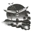 A dotwork design of a kite flying over a Louisiana bayou scene tattoo design idea