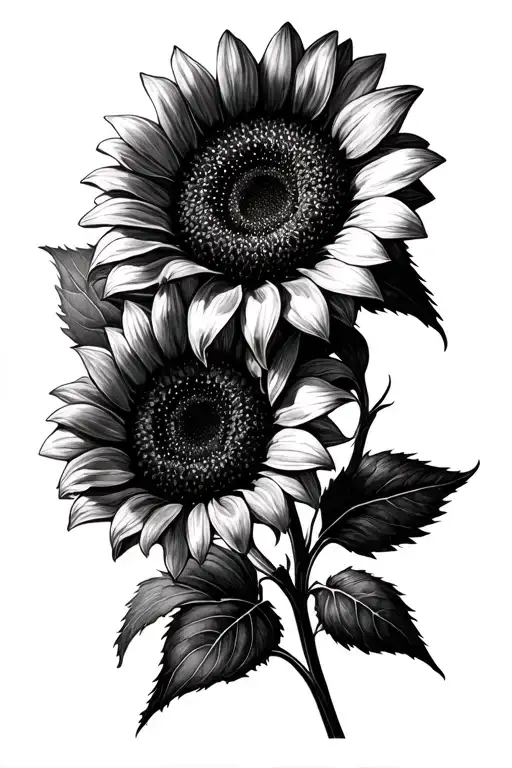 Black and white pencil sketch of two large sunflowers with detailed petals and realistic shading, surrounded by broad  tattoo design idea