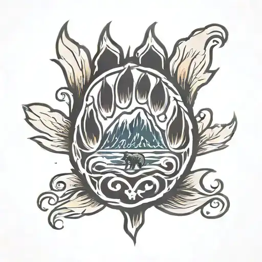 bear paw with mountain and bear inside paw tattoo design idea
