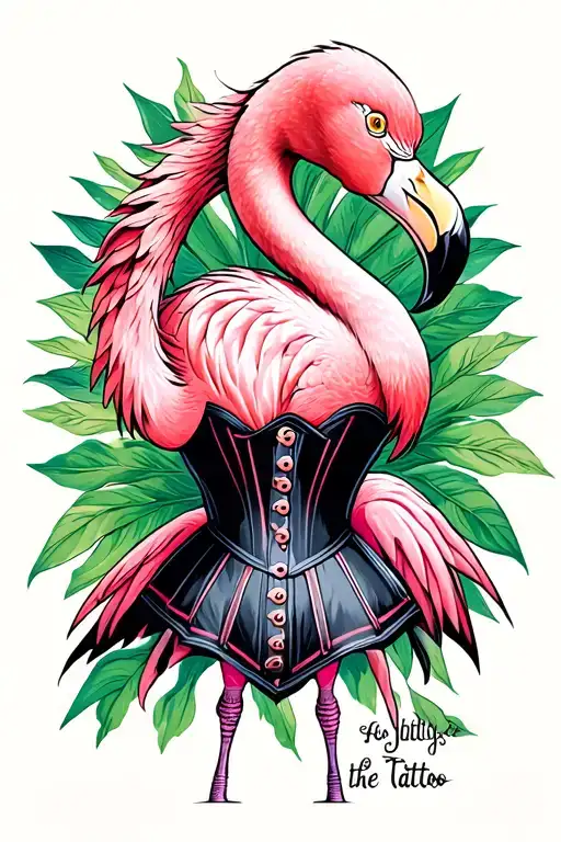 pink flamingo wearing corset tattoo design idea