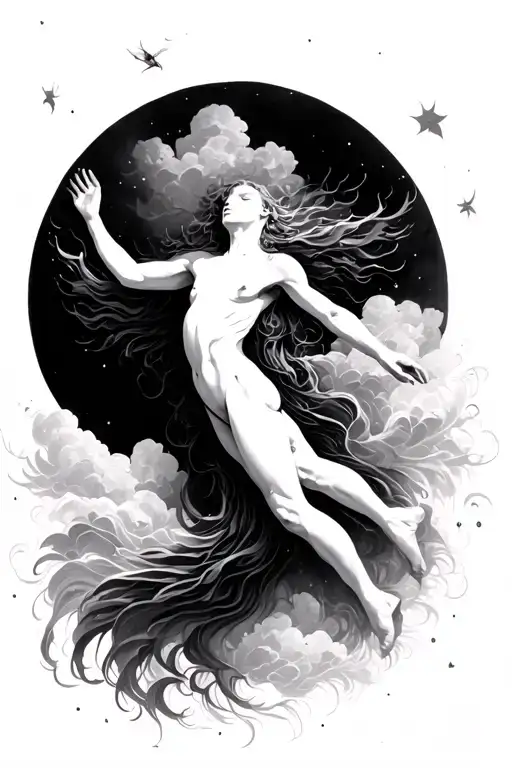human silouette floating into heaven tattoo design idea