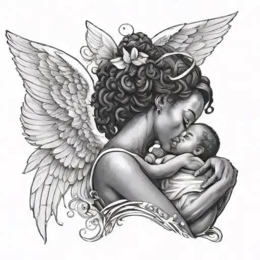 black woman and baby angel tattoo design idea