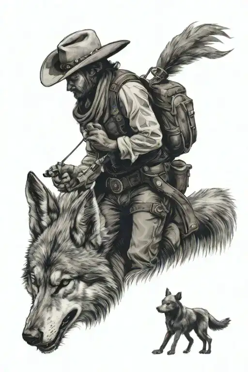 cowboy standing off with evil wolf  tattoo design idea