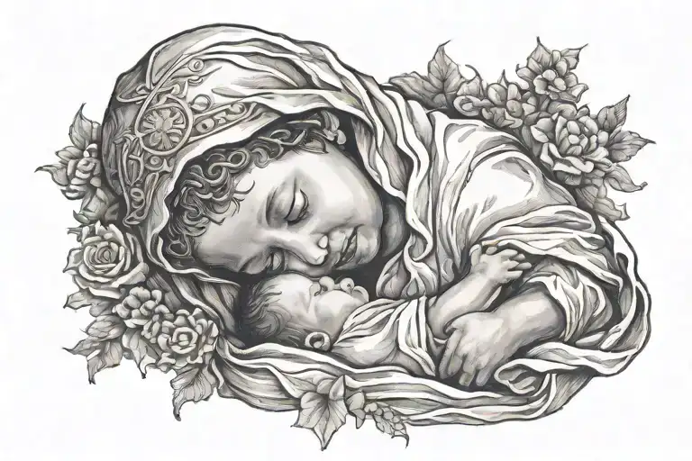 Draw the baby Jesus in Marriam's arms. Marriam is crying. tattoo design idea