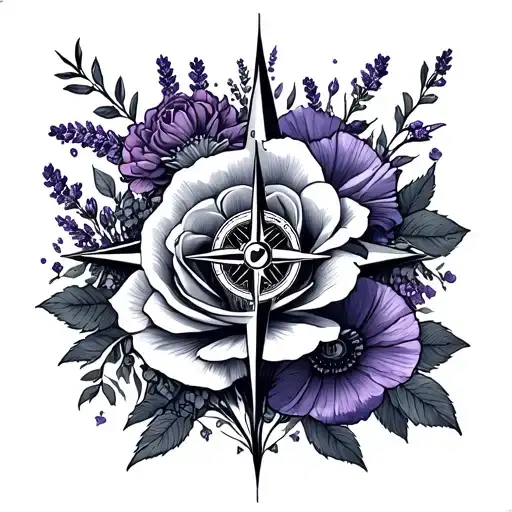 rose, lavender, poppy, willow tree, compass surrounded tattoo design idea
