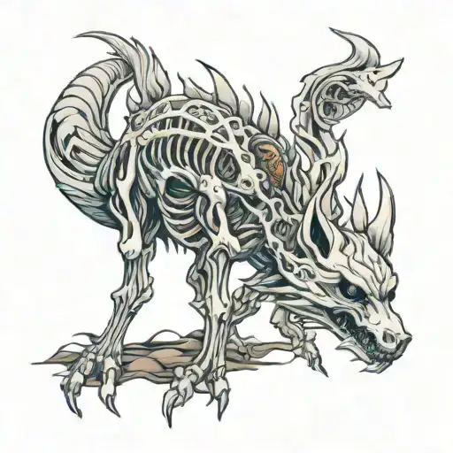 9 tailed fox skeleton walking down to hill tattoo with prince with thousands enemies drawing style  tattoo design idea