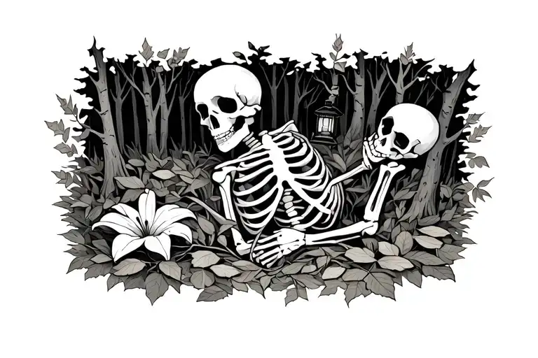 Skeleton lying in the forest among autumn leavesIn hands - a white lily or a lone lanternAbove - the silhouette of a b tattoo design idea