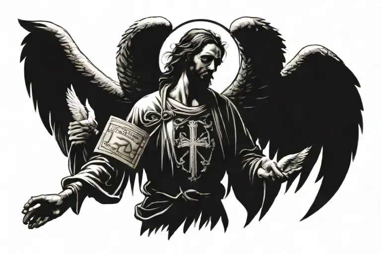 angel with money, dove, and cross of Jesus Christ tattoo design idea