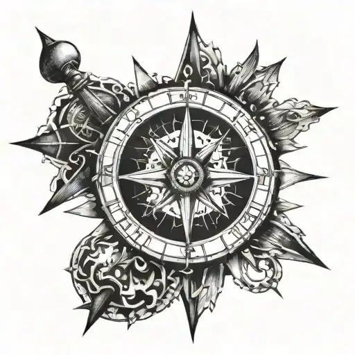 A surreal scene of a compass leading you through a psychedelic drug-induced journey tattoo design idea
