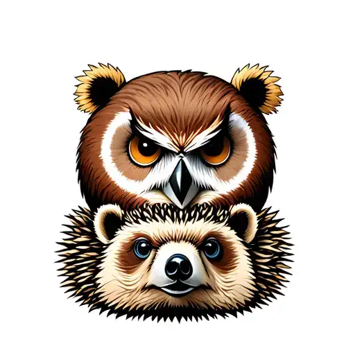Make a tattoo design, neo-traditional, in colour, with the heads of an owl, a brown bear and a hedgehog stacked on top o tattoo design idea