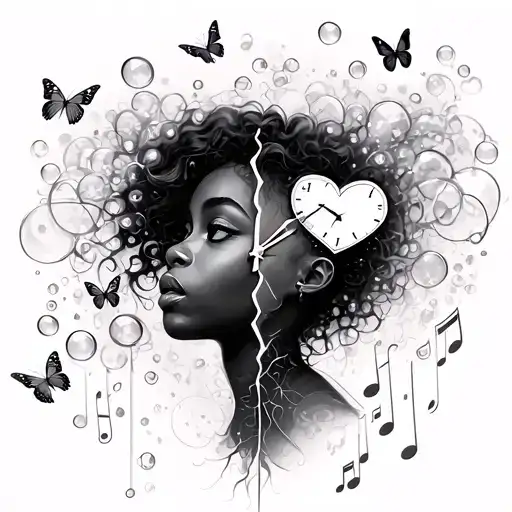 black girl head with thoughts broken heart music bubbles butterflies clock tattoo design idea