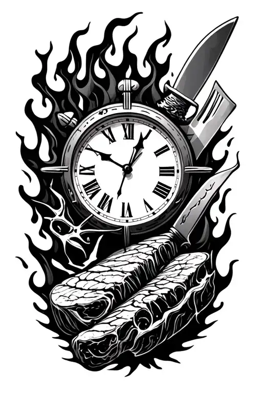 broken clock and knife and forkand meat and flames tattoo design idea