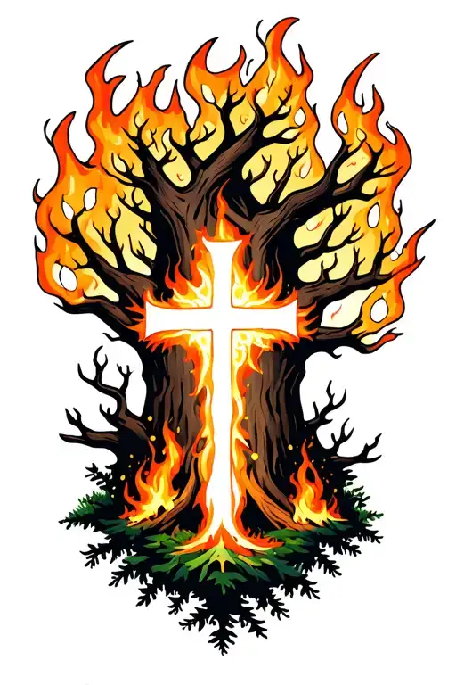 burning forest with white cross in the middle  tattoo design idea