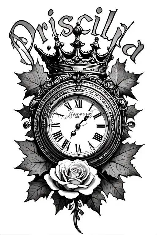 "Priscilla " rose, crown, clock embedded inside a Sugar Maple tattoo design idea