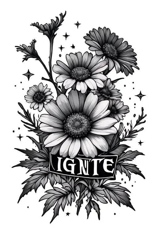 Wildflowers with the word IGNITE, with stars tattoo design idea
