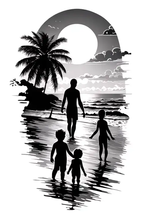 sunset beach scheme black sillhouete.  Father in the middle, plus 3 kids. Twin boy and girl aged 6 plus a 2 year old  tattoo design idea