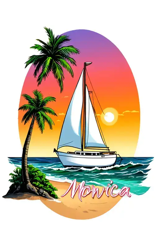 "Monica" white sailboat, ocean, sunrise Above the sun, island palm, beach, test at bottom in bubble letters tattoo design idea