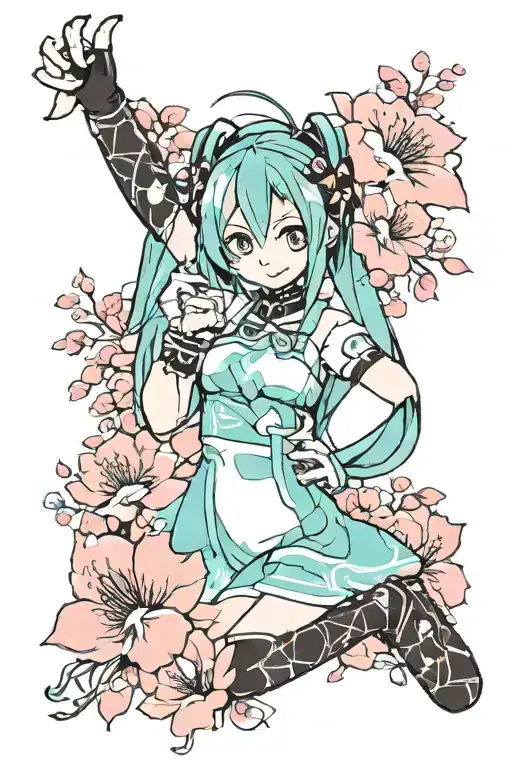 Hatsune Miku blackwork arm small with sakura flowes tattoo design idea