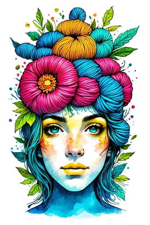 Female face with yarn exploding from top of head surrounded by flowers, predominantly blue and green. Watercolor style tattoo design idea