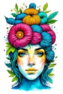 Female face with yarn exploding from top of head surrounded by flowers, predominantly blue and green. Watercolor style tattoo design idea