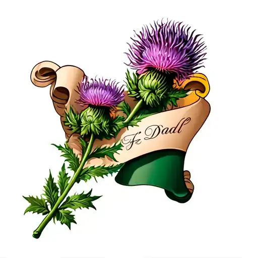 scottish thistle and flag with memorial scroll for dad tattoo design idea