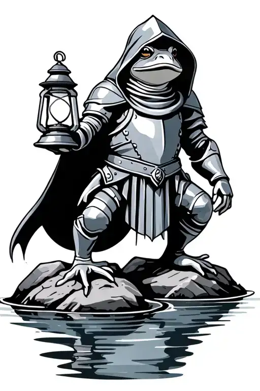 frog holding a lantern wearing knight armor with a hood standing on rocks by water tattoo design idea
