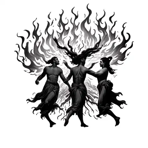 The burning bush from exodus and the divine dance. Three people are dancing in the flames artistic style  tattoo design idea