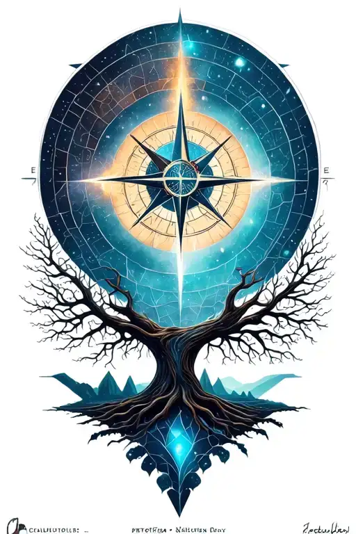 A geometric space landscape inspired by a tree of life and incorporating metatron cube with a compass tattoo design idea
