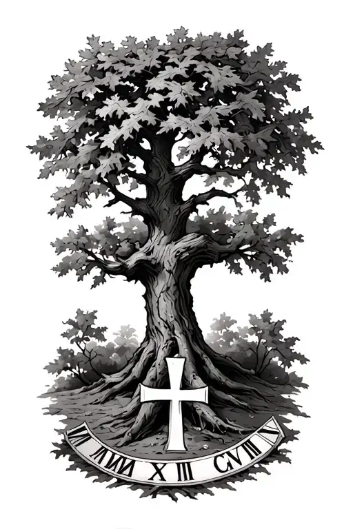 Oak tree with roman numerals MCMXCVIII witha orthodox cross tattoo design idea