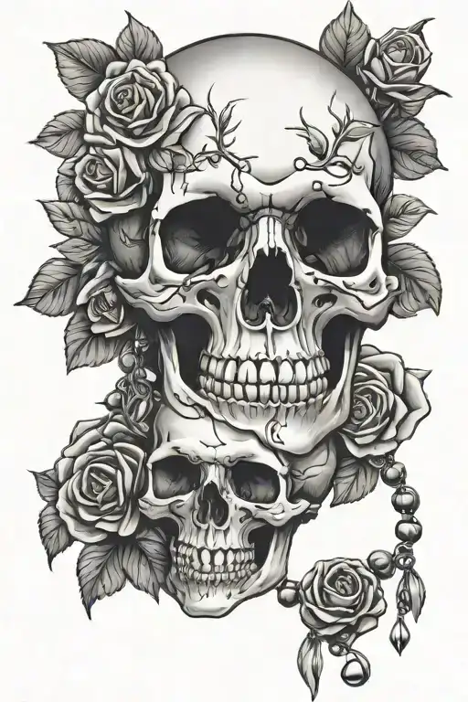 skull, roses, rosary intertwined tattoo design idea