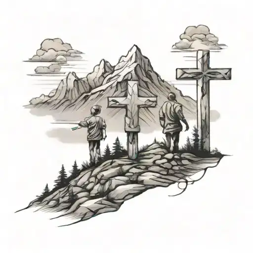 mountains with 3 crosses father and son looking up tattoo design idea