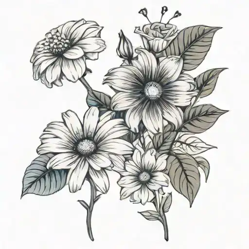 minimalist black and white daisy, morning glory, and cosmo tattoo design idea