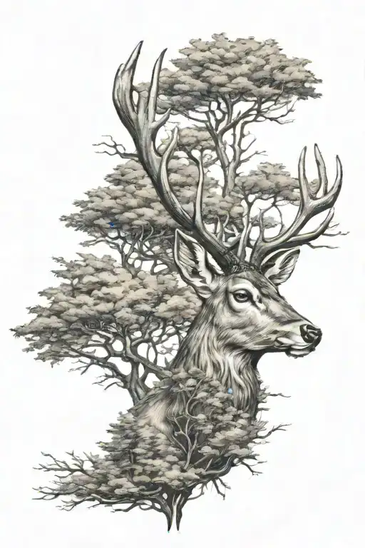 deer head with trees tattoo design idea