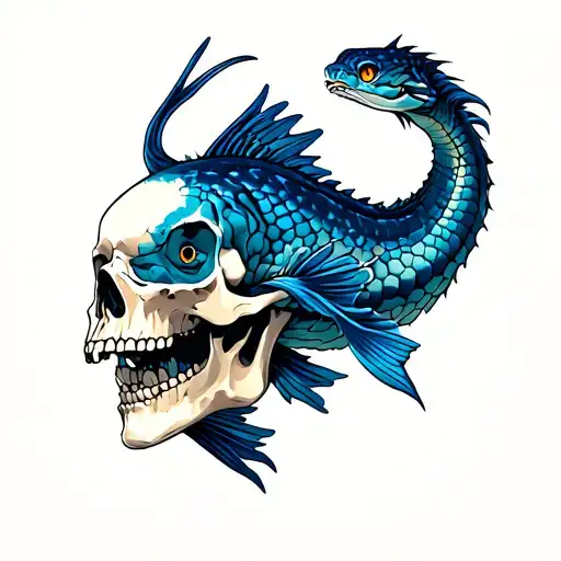 dark blue viper fish swimming out of skull tattoo design idea