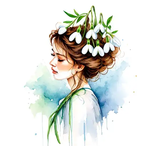 woman with brown hair and open snowdrop flower on the head tattoo design idea