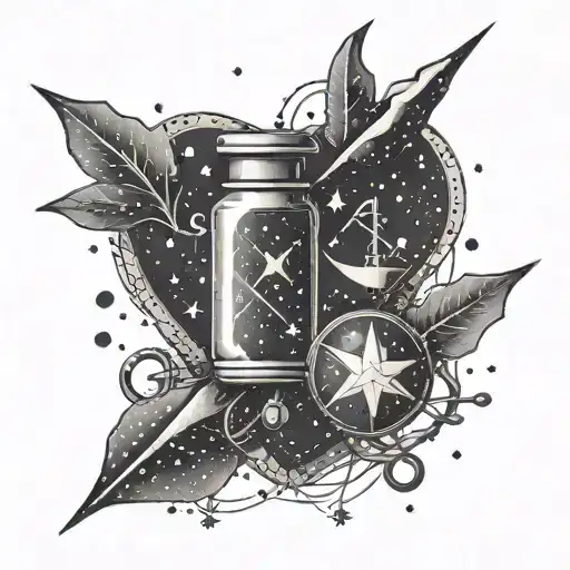 A constellation of love-themed symbols intertwined with pharmacy tools tattoo design idea