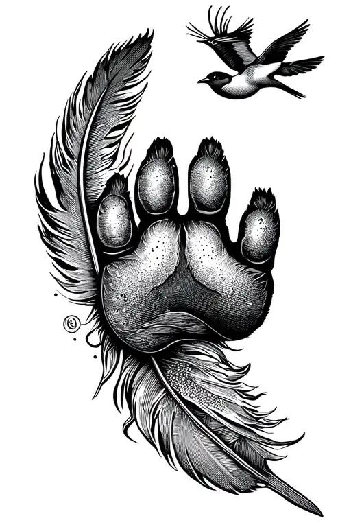 dog's paw, feather, 3 small birds that fly, sign astrology cancer, tattoo design idea