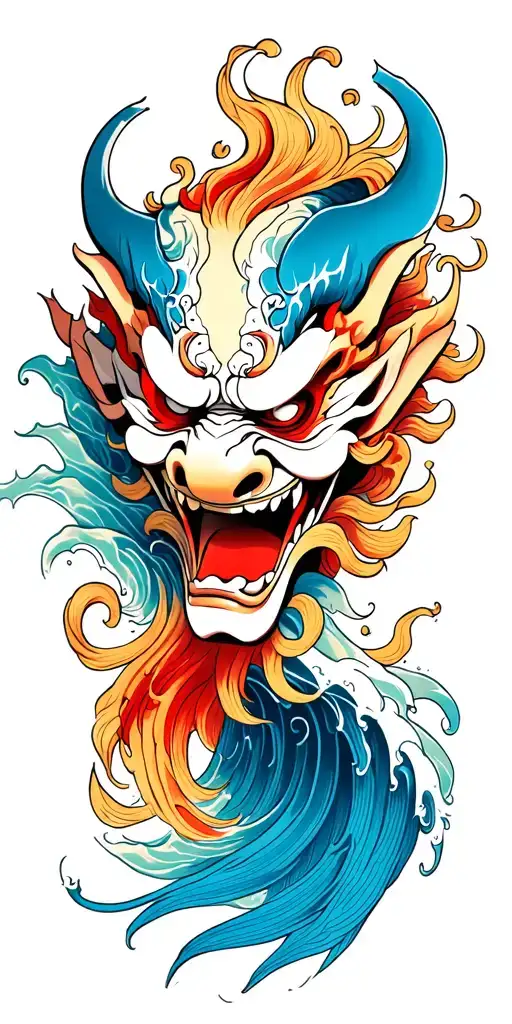 oni demon mask, finger waves crashing tattoo design idea