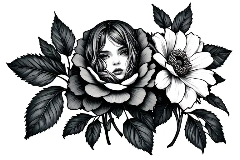 sexy pale girl wearing little clothing holding flower tattoo design idea
