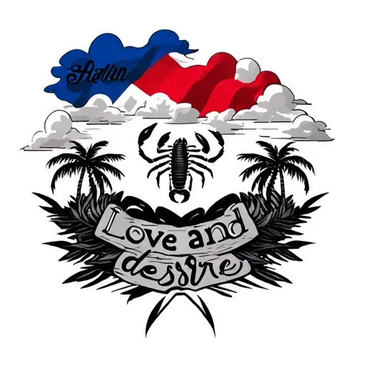 "Love and desire" Haitian flag, scorpion, clouds, palm trees, 1804,  tattoo design idea