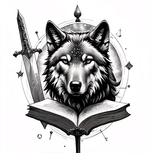 Libra and aquarias , space, the universe , quantum entanglement, multiple realities, fate, wolf, tarot, sword, books  tattoo design idea