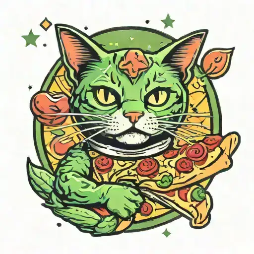 space cat pizza green background tattoo design idea