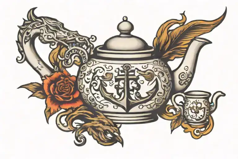 teapot, anchor, horseshoe, wolf howling tattoo design idea