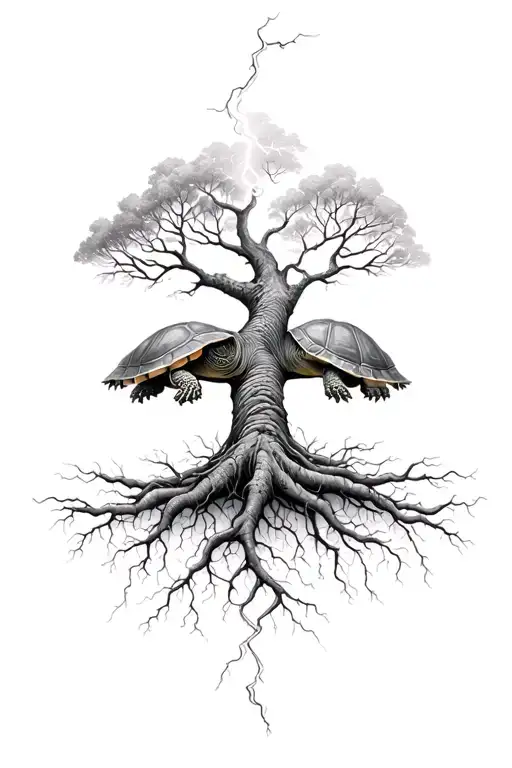 lightning striking a tree of life and penetrating roots. time is ticking by and you learn slow a a turtle (wisdom) tattoo design idea