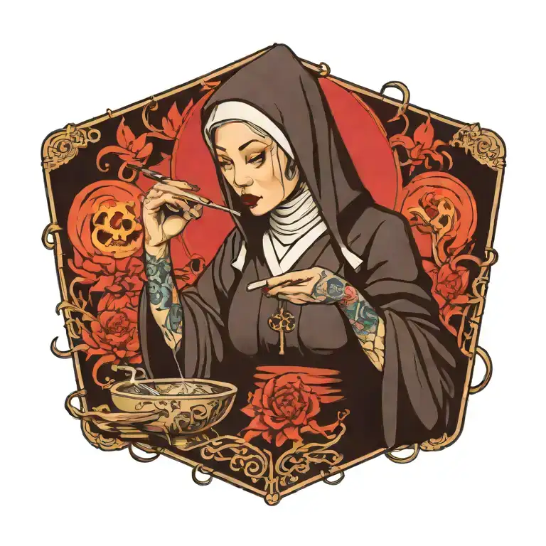 crazy naughty sexy nun smoking vape tattoo design idea